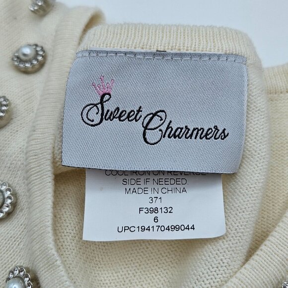 Sweet Charmers Ivory Cropped Cardigan Pearl Embellished Neckline Long Sleeves Wo - Picture 9 of 14